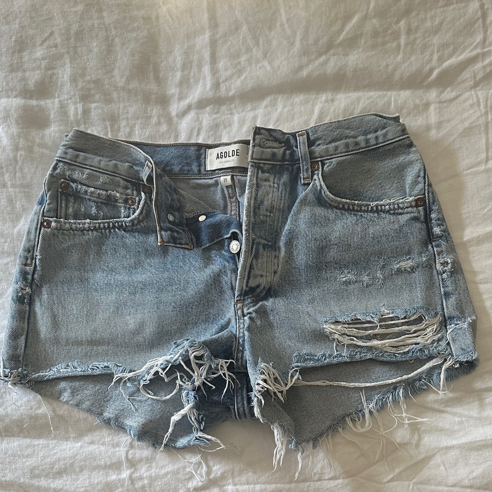 Agolde Distressed Parker Jean Shorts - Light Blue